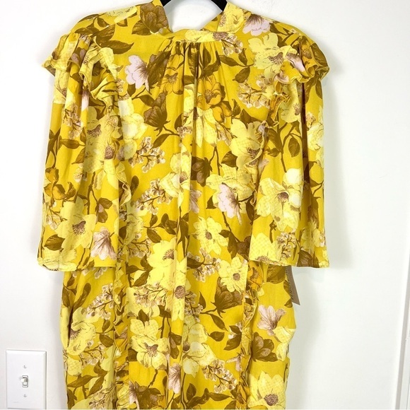 Happy x Nature Shift Dress Yellow Floral Ruffles Pockets Tie Neck NWT Women's M - Picture 4 of 10